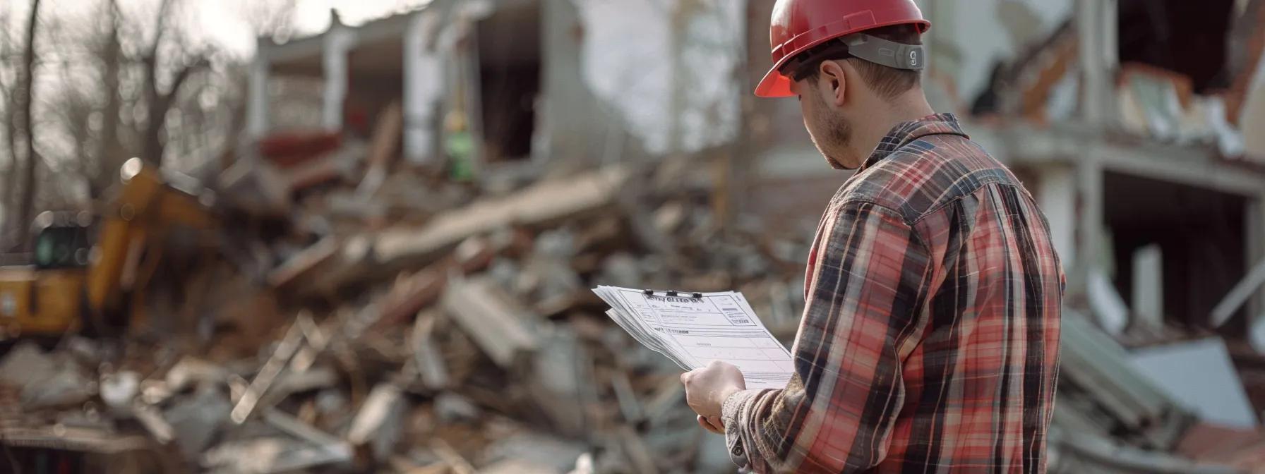 a demolition contractor examining a detailed payment breakdown on a construction site in new jersey. a demolition contractor examining a detailed payment breakdown on a construction site in new jersey.