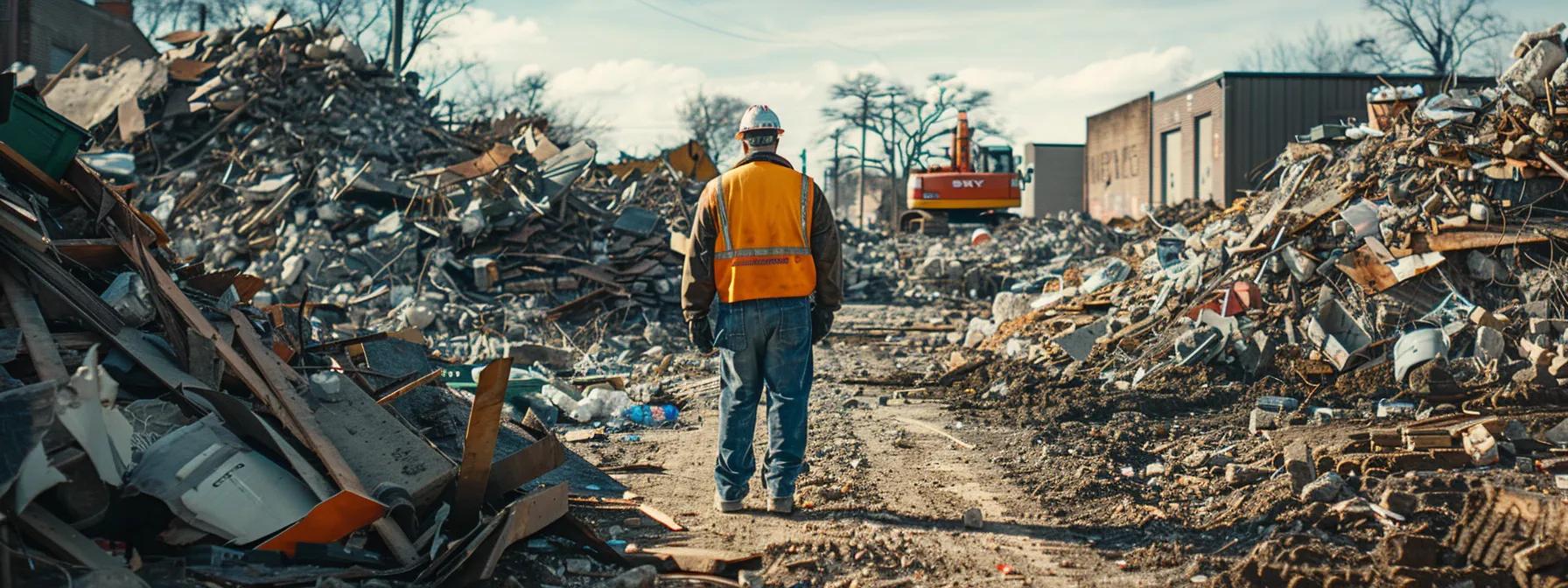 a demolition contractor in illinois meticulously segregating recyclable materials from a debris pile, showcasing their commitment to sustainable practices. a demolition contractor in illinois meticulously segregating recyclable materials from a debris pile, showcasing their commitment to sustainable practices.