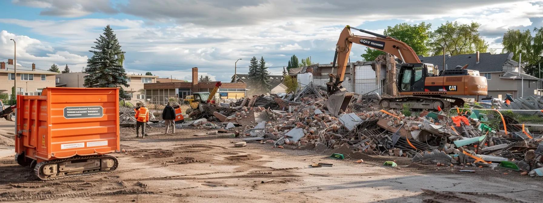 a demolition crew carefully dismantling a building while managing noise and dust pollution, surrounded by recycling bins for materials recovery. a demolition crew carefully dismantling a building while managing noise and dust pollution, surrounded by recycling bins for materials recovery.