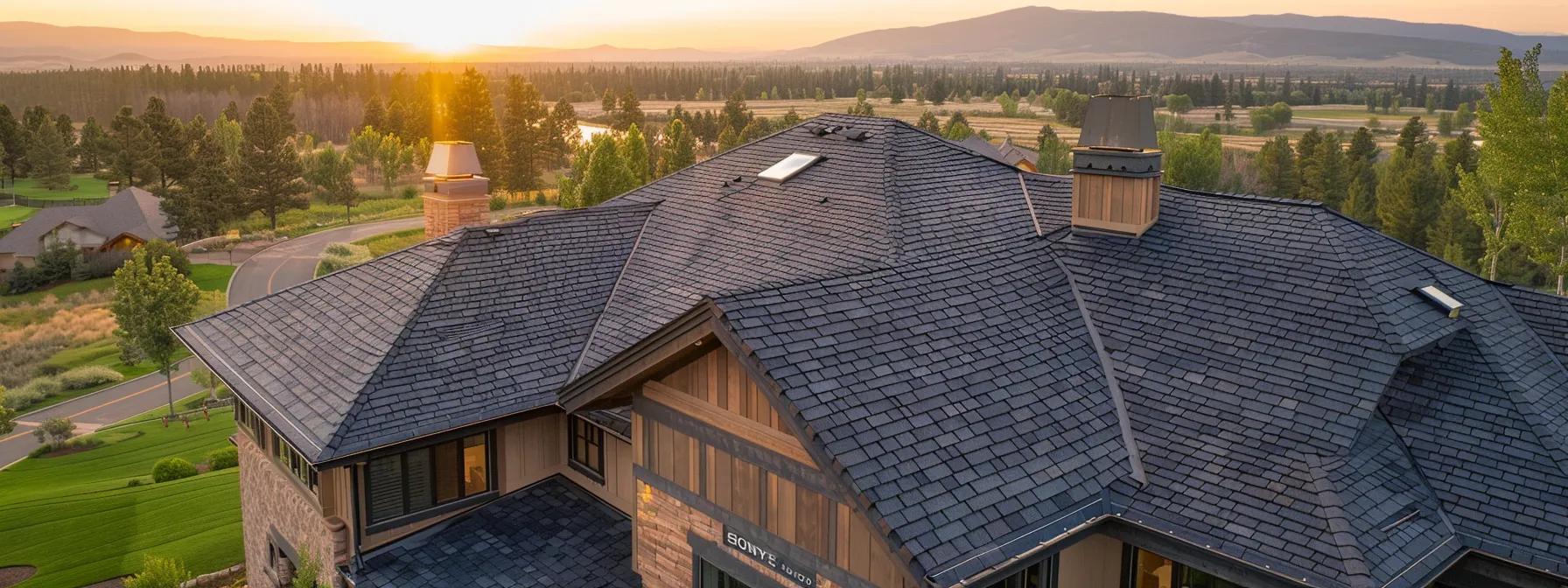 a detailed aerial view of a newly installed roof showcasing gleaming shingles under bright sunlight, emphasizing the contrast between the vibrant roofing materials and the surrounding landscape.