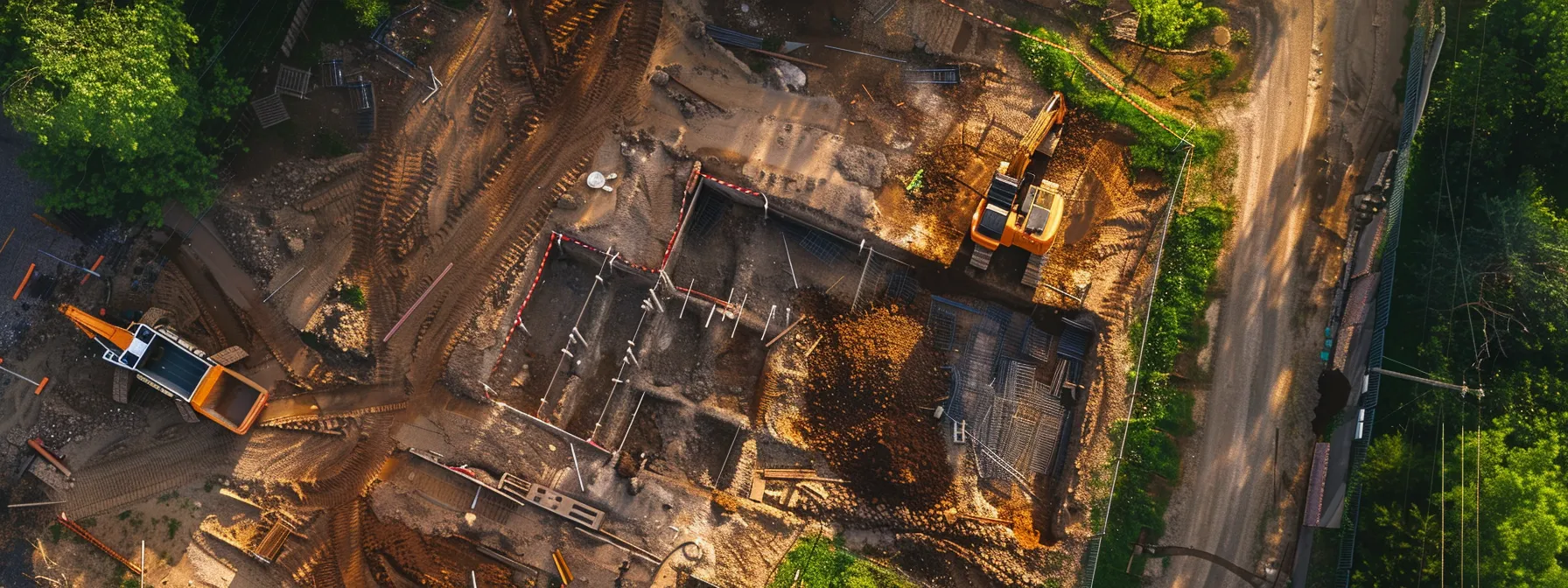 a detailed aerial view of a construction site showcasing a foundation being assessed, surrounded by greenery, with soil test samples and drainage features highlighted under soft morning light. a detailed aerial view of a construction site showcasing a foundation being assessed, surrounded by greenery, with soil test samples and drainage features highlighted under soft morning light.