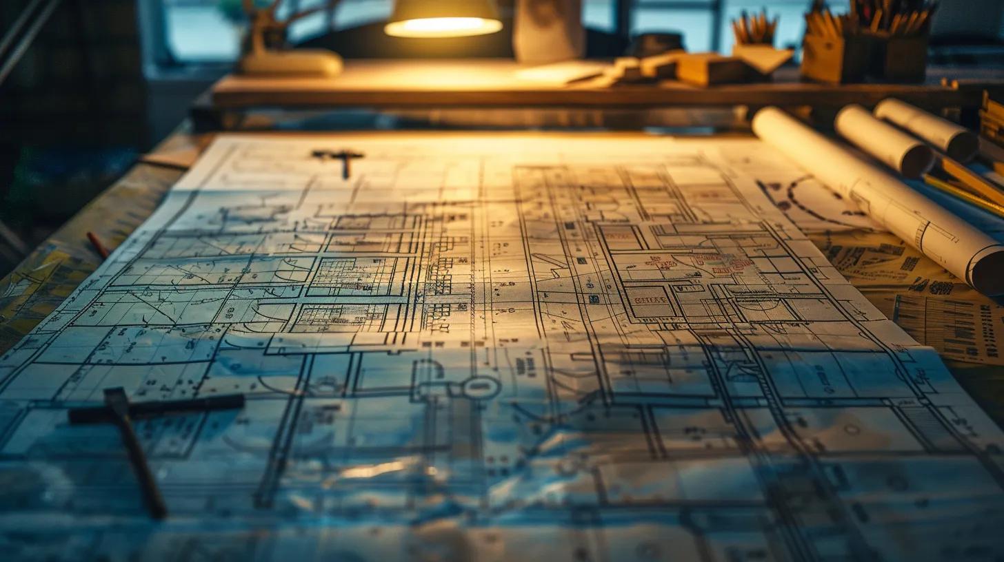 a detailed architectural blueprint spread across a drafting table is illuminated by soft, natural light, showcasing intricate designs and construction timelines for custom homes contrasted against simpler standard plans, symbolizing the complexity and creativity in homebuilding processes. a detailed architectural blueprint spread across a drafting table is illuminated by soft, natural light, showcasing intricate designs and construction timelines for custom homes contrasted against simpler standard plans, symbolizing the complexity and creativity in homebuilding processes.
