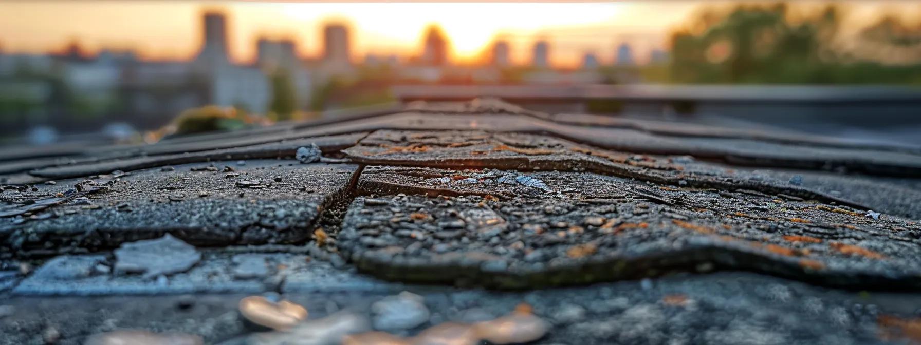 a detailed close-up of a weathered asphalt roof, highlighting cracked and missing shingles, corroded flashing, and signs of granule loss, set against a bold urban skyline in the background, capturing the essence of a thorough roof inspection. a detailed close-up of a weathered asphalt roof, highlighting cracked and missing shingles, corroded flashing, and signs of granule loss, set against a bold urban skyline in the background, capturing the essence of a thorough roof inspection.