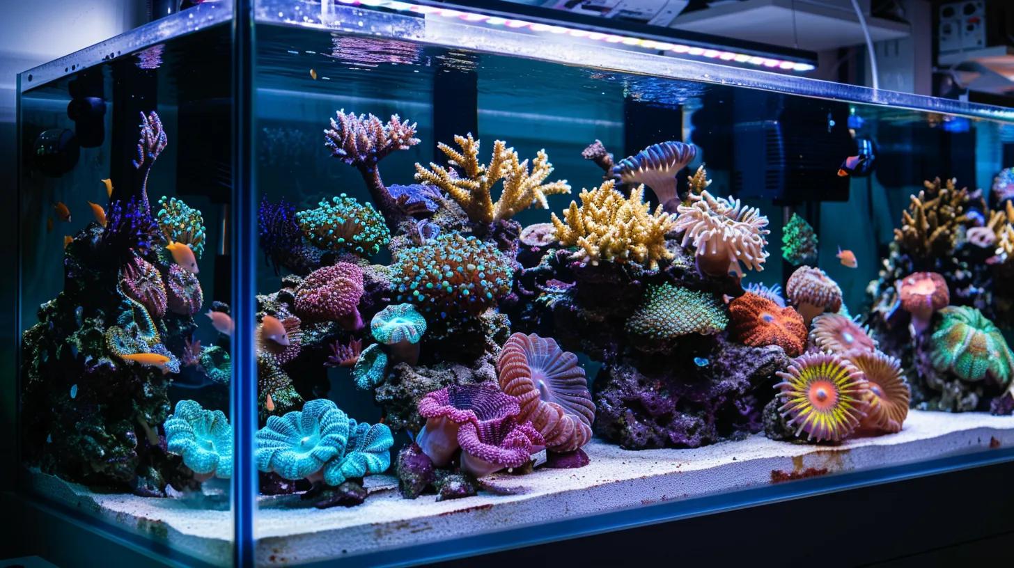 a detailed close-up of a sleek, modern saltwater aquarium setup in a contemporary living room, showcasing vibrant corals, strategically arranged live rock, and sophisticated filtration equipment, all illuminated by soft, ambient lighting to emphasize the thriving aquatic environment.