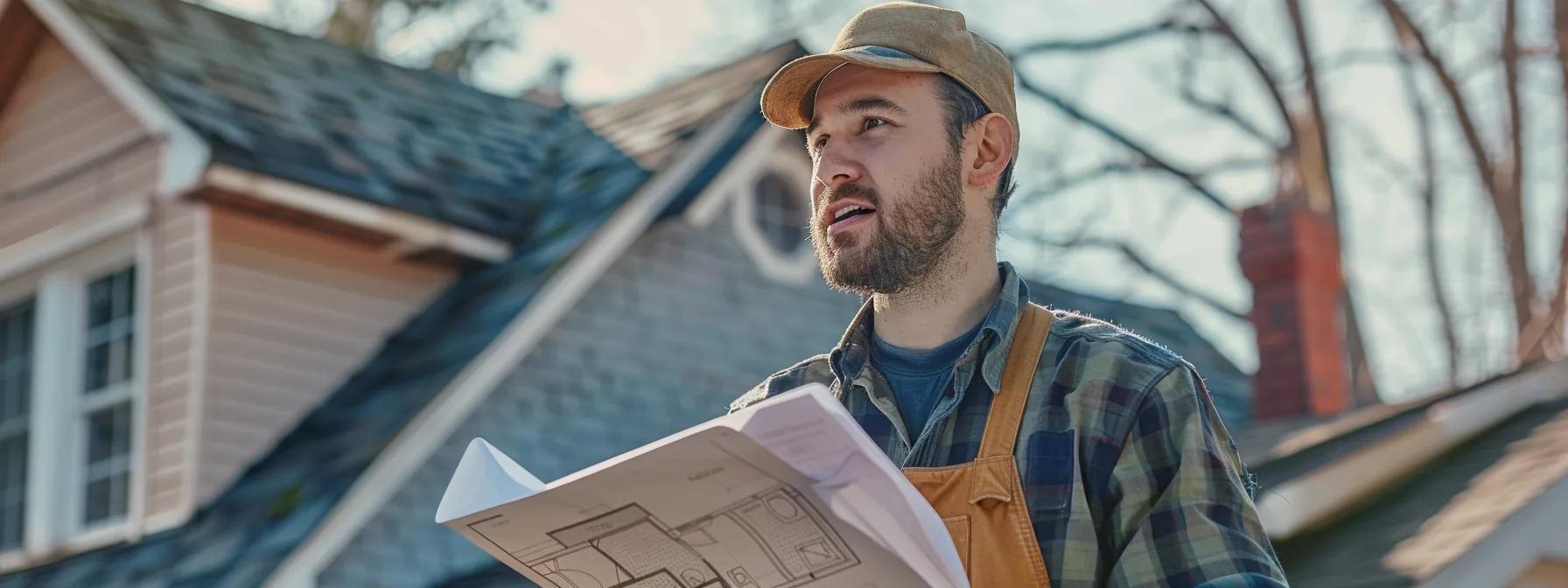 a detailed close-up of a professional contractor inspecting a roof with blueprints in hand, set against a backdrop of a suburban home, emphasizing the elements of careful estimation and quality in roof replacement.