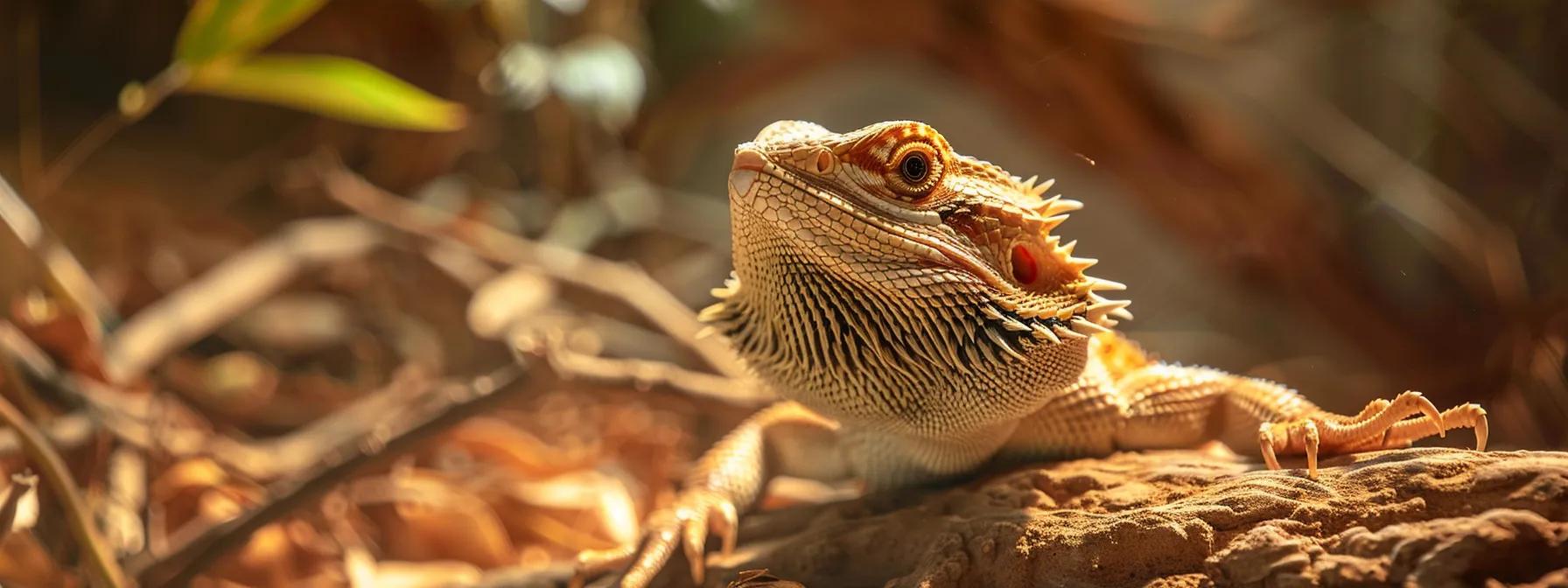 a detailed, close-up view of a bearded dragon in a carefully arranged terrarium, showcasing essential elements like heat lamps and substrate, to highlight the impact of proper husbandry on its health and lifespan.