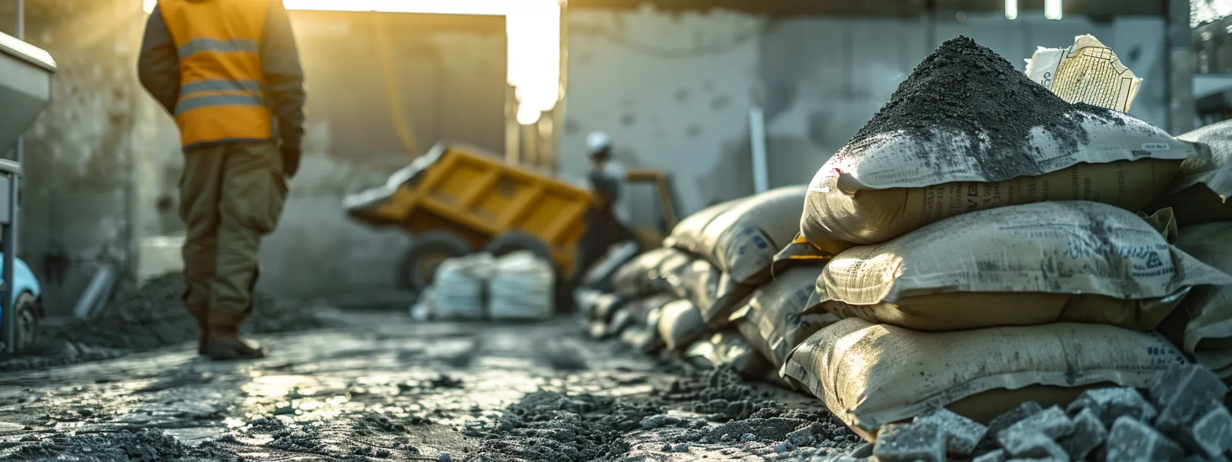 a detailed close-up of a construction site showcasing a worker analyzing a sample of asphalt mix alongside bags of aggregates and binders, illuminated by bright overhead lights, emphasizing the meticulous nature of material selection and quality control in home improvement projects.