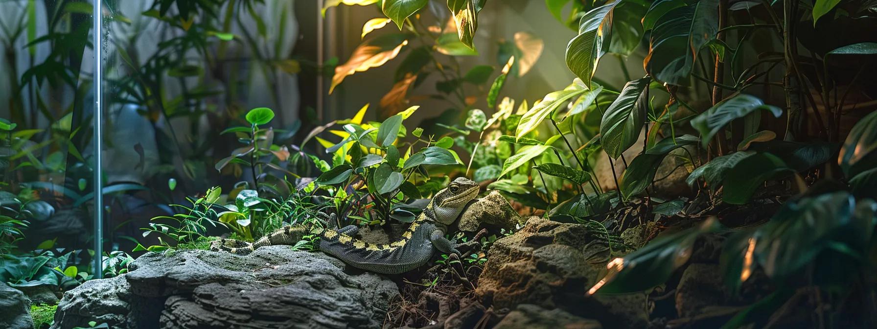 a detailed close-up of a sleek reptile habitat featuring a high-tech humidity control system, encapsulating the vital role of humidity in reptile care with clear gauges and lush, artificial foliage, all illuminated by dynamic, warm led lighting. a detailed close-up of a sleek reptile habitat featuring a high-tech humidity control system, encapsulating the vital role of humidity in reptile care with clear gauges and lush, artificial foliage, all illuminated by dynamic, warm led lighting.