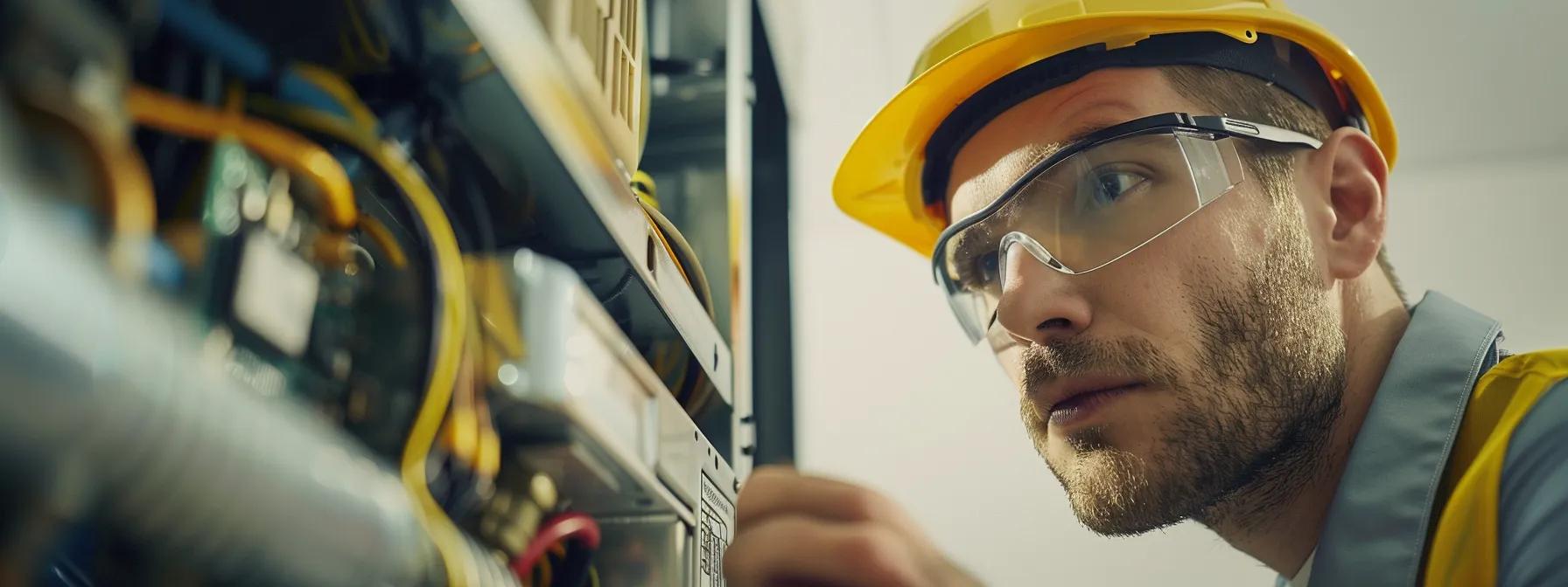 a detailed close-up of an hvac technician inspecting intricate electrical components on a circuit board in a modern office environment, with diagnostic tools and safety equipment visibly arranged on a sleek workspace. a detailed close-up of an hvac technician inspecting intricate electrical components on a circuit board in a modern office environment, with diagnostic tools and safety equipment visibly arranged on a sleek workspace.