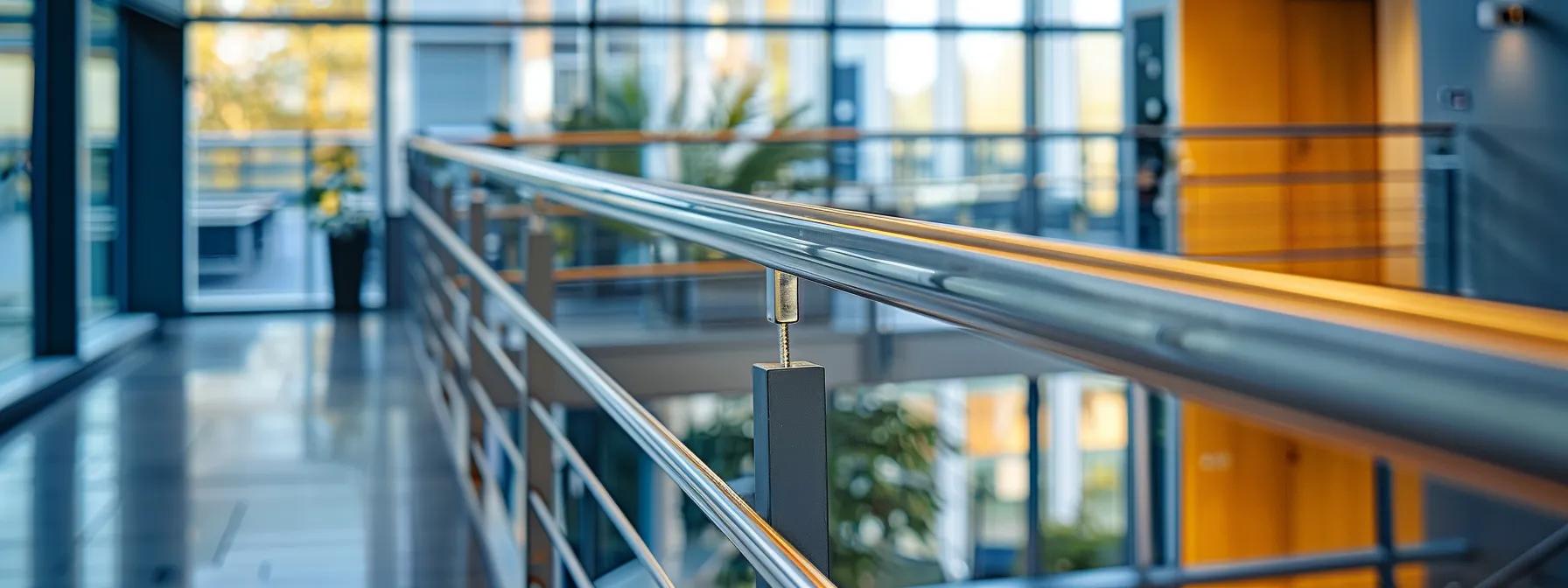 a detailed, close-up view of a sleek, modern railing in an industrial office setting, showcasing precise measurements and clear visual indicators of height and spacing, emphasizing safety and compliance with regulations. a detailed, close-up view of a sleek, modern railing in an industrial office setting, showcasing precise measurements and clear visual indicators of height and spacing, emphasizing safety and compliance with regulations.