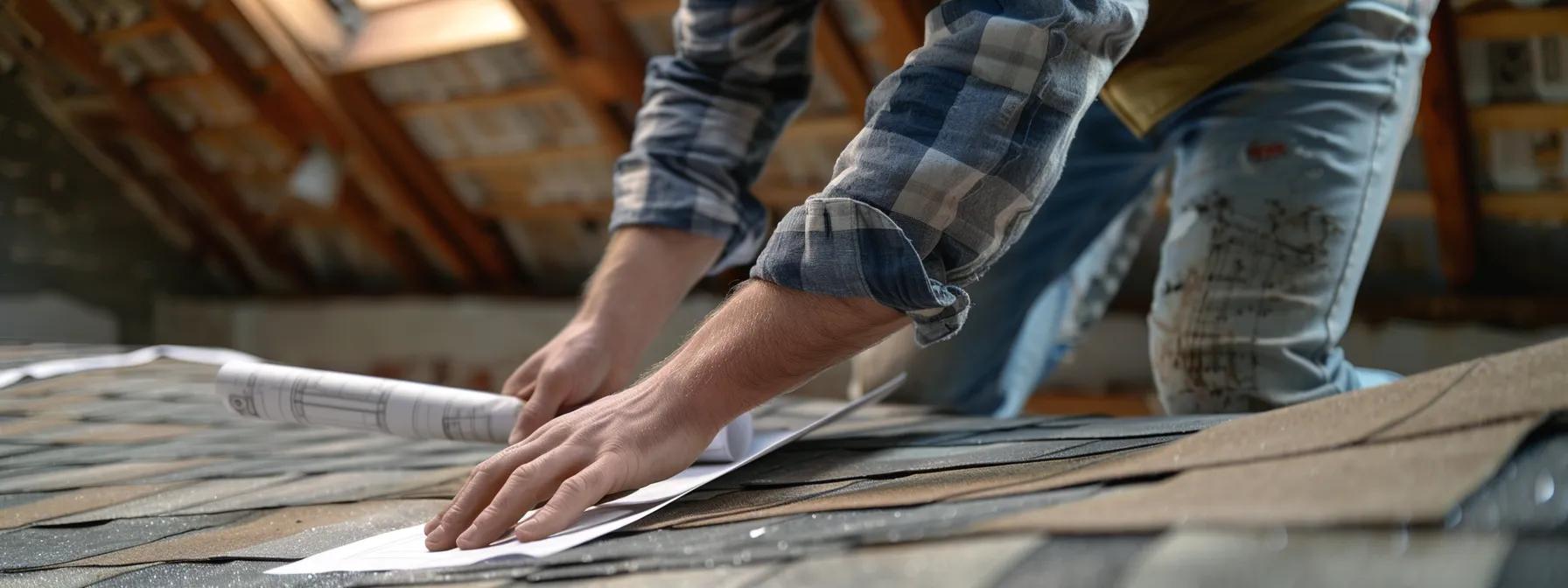 a detailed close-up of a professional contractor examining blueprints and roofing materials in a modern office, emphasizing the technical aspects and complexities of roof replacement costs in saint louis and missouri. a detailed close-up of a professional contractor examining blueprints and roofing materials in a modern office, emphasizing the technical aspects and complexities of roof replacement costs in saint louis and missouri.