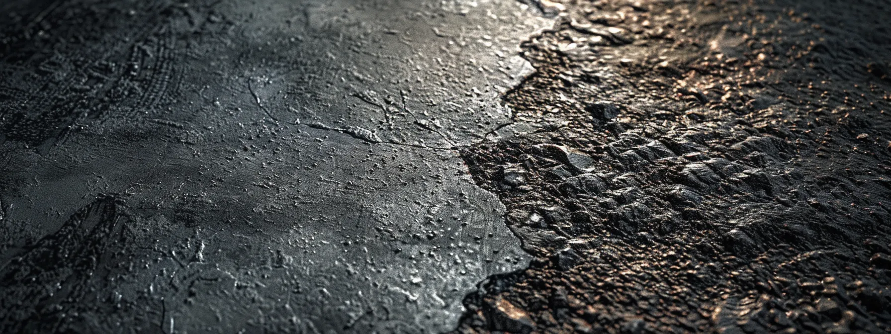 a detailed close-up of a split asphalt and concrete driveway in an urban setting, showcasing the contrasting textures and colors while highlighting the wear patterns and conditions of each surface under bright, artificial office lighting.