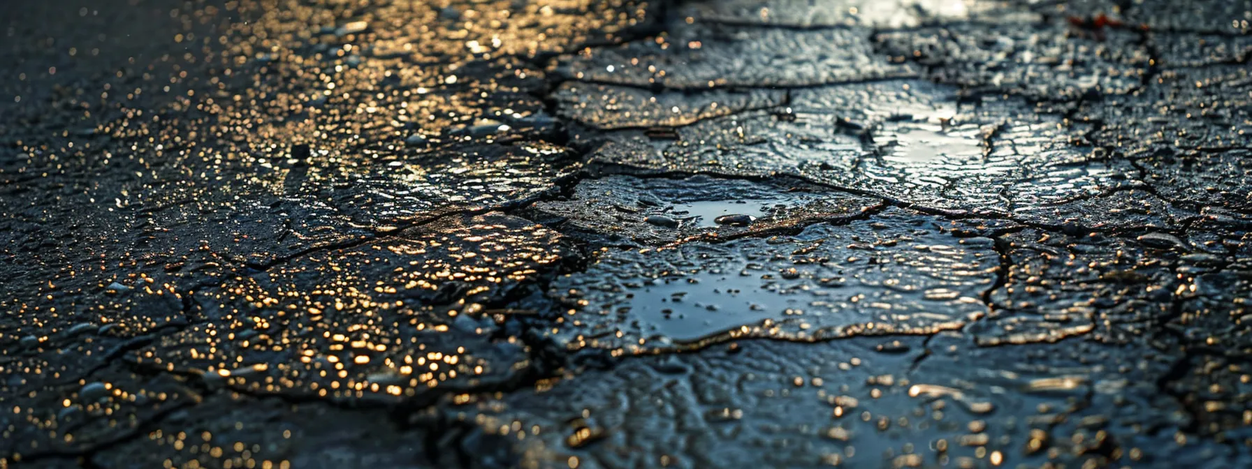 a detailed close-up of a worn asphalt surface displaying extensive cracking, faded patches, and standing water, captured in a well-lit urban setting to emphasize the urgent need for an overlay.