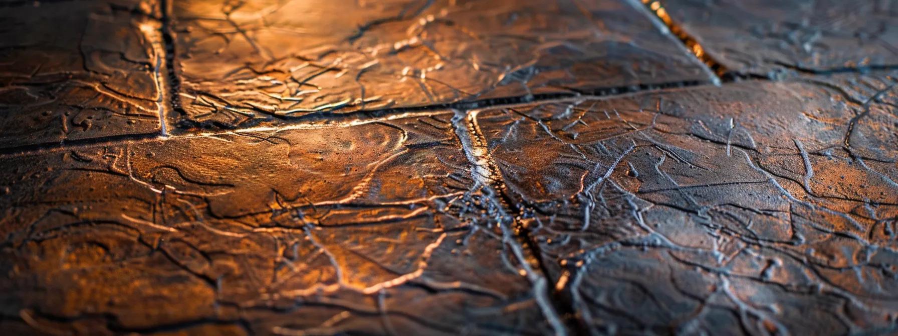 a detailed close-up shot of beautifully stamped concrete showcasing a rich array of intricate textures and vibrant colors, set against a modern sacramento property, capturing the artistic potential of decorative concrete design.