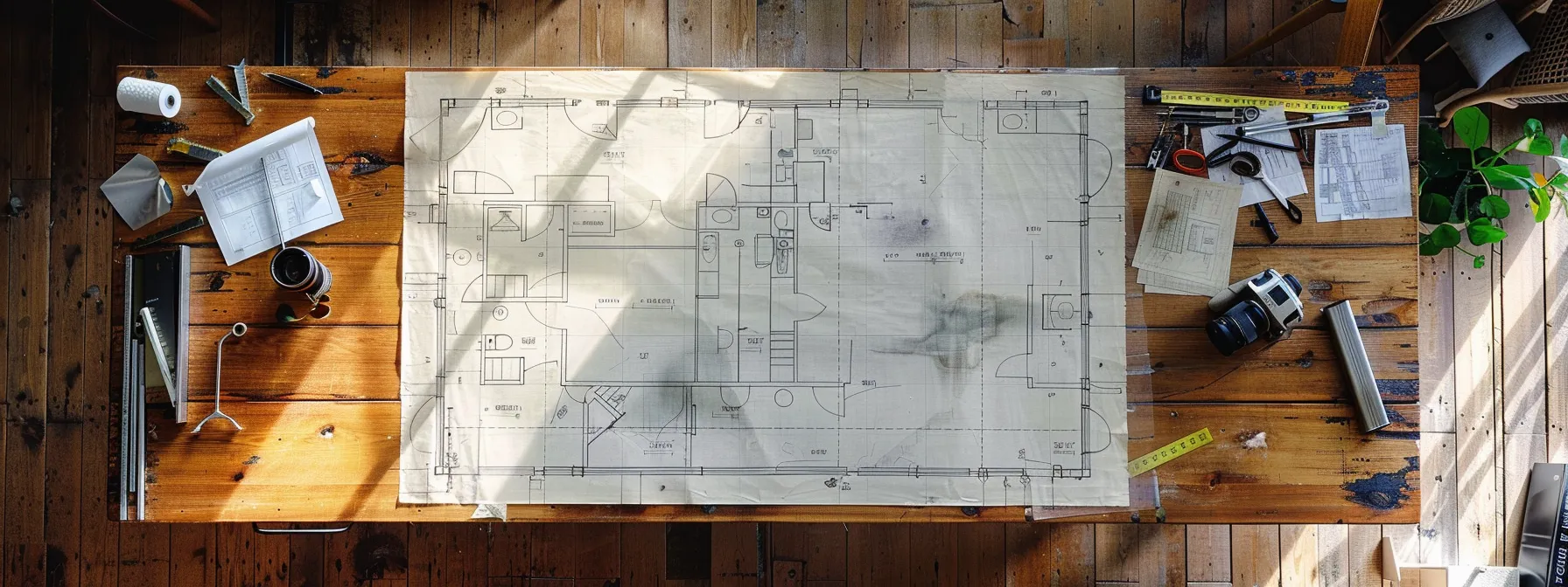 a detailed floor plan spread across a sleek wooden table, with measuring tools elegantly arranged, showcasing the meticulous calculation of square footage in a contemporary interior design setting.
