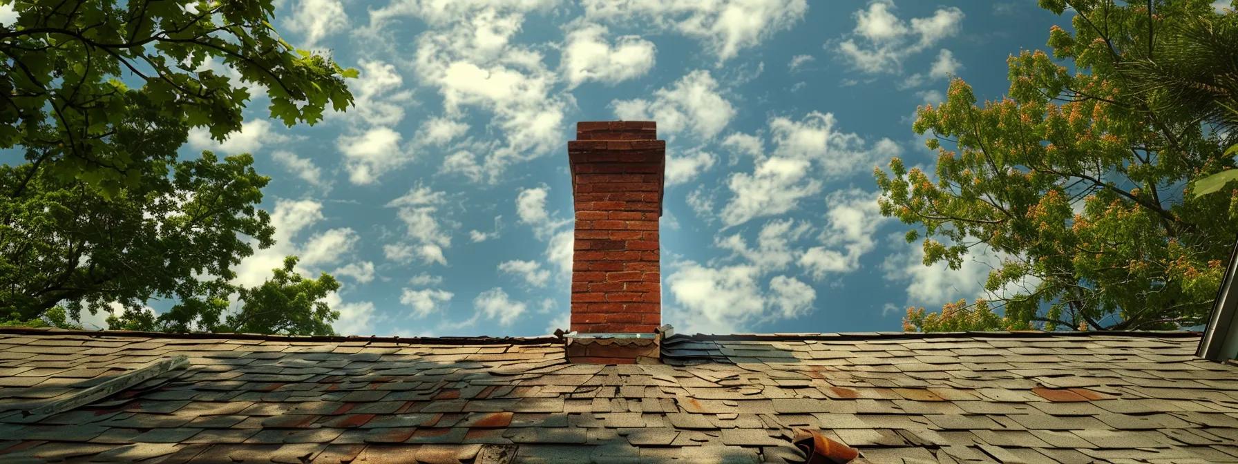 a detailed ground-level view of a home showcasing a slightly weathered roof, featuring visible shingle issues and rusty flashing around a chimney, captured in vivid detail to highlight the need for inspection and maintenance. a detailed ground-level view of a home showcasing a slightly weathered roof, featuring visible shingle issues and rusty flashing around a chimney, captured in vivid detail to highlight the need for inspection and maintenance.