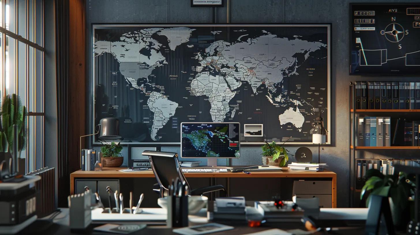a detailed, high-resolution image of a modern office workspace featuring a large world map on the wall with highlighted regions, alongside an open field guide to spiders, illustrating the concept of geographic region as a critical factor in spider identification. a detailed, high-resolution image of a modern office workspace featuring a large world map on the wall with highlighted regions, alongside an open field guide to spiders, illustrating the concept of geographic region as a critical factor in spider identification.