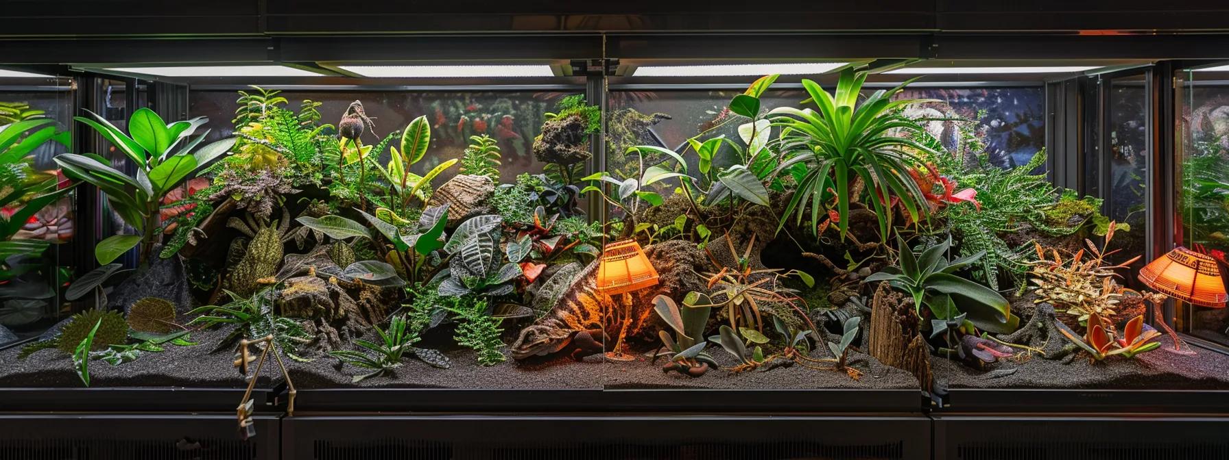 a detailed indoor vivarium setup showcases a variety of reptile heat lamps with distinct colors and designs, strategically arranged to demonstrate the optimal temperature gradients for desert and tropical species in a controlled environment. a detailed indoor vivarium setup showcases a variety of reptile heat lamps with distinct colors and designs, strategically arranged to demonstrate the optimal temperature gradients for desert and tropical species in a controlled environment.