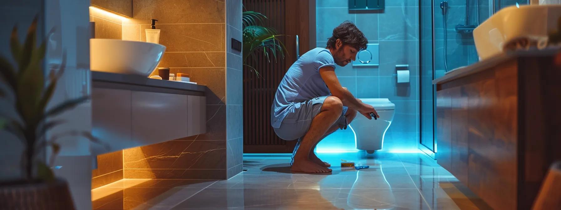 a detailed inspection scene featuring a sleek, modern bathroom with a newly installed, perfectly level toilet, showcasing the plumbing technician carefully reviewing the connections and monitoring for leaks under bright led lighting, emphasizing functionality and professionalism. a detailed inspection scene featuring a sleek, modern bathroom with a newly installed, perfectly level toilet, showcasing the plumbing technician carefully reviewing the connections and monitoring for leaks under bright led lighting, emphasizing functionality and professionalism.