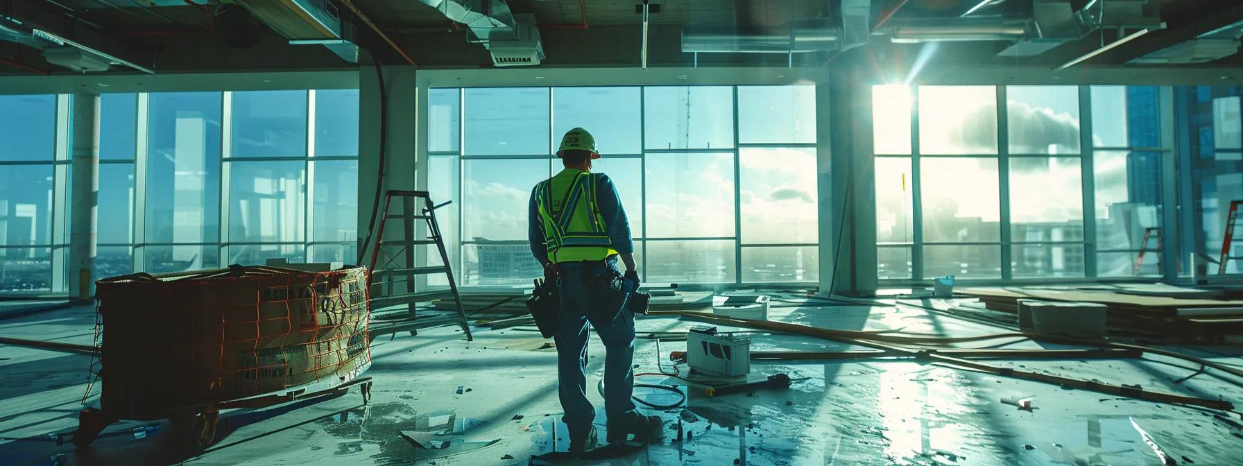 a detailed inspection scene inside a commercial building showcasing a construction professional assessing a damaged roof's structure, illuminated by harsh overhead lighting, with tools and diagnostic equipment laid out on sleek office flooring, emphasizing the necessity for a strategic replacement decision. a detailed inspection scene inside a commercial building showcasing a construction professional assessing a damaged roof's structure, illuminated by harsh overhead lighting, with tools and diagnostic equipment laid out on sleek office flooring, emphasizing the necessity for a strategic replacement decision.