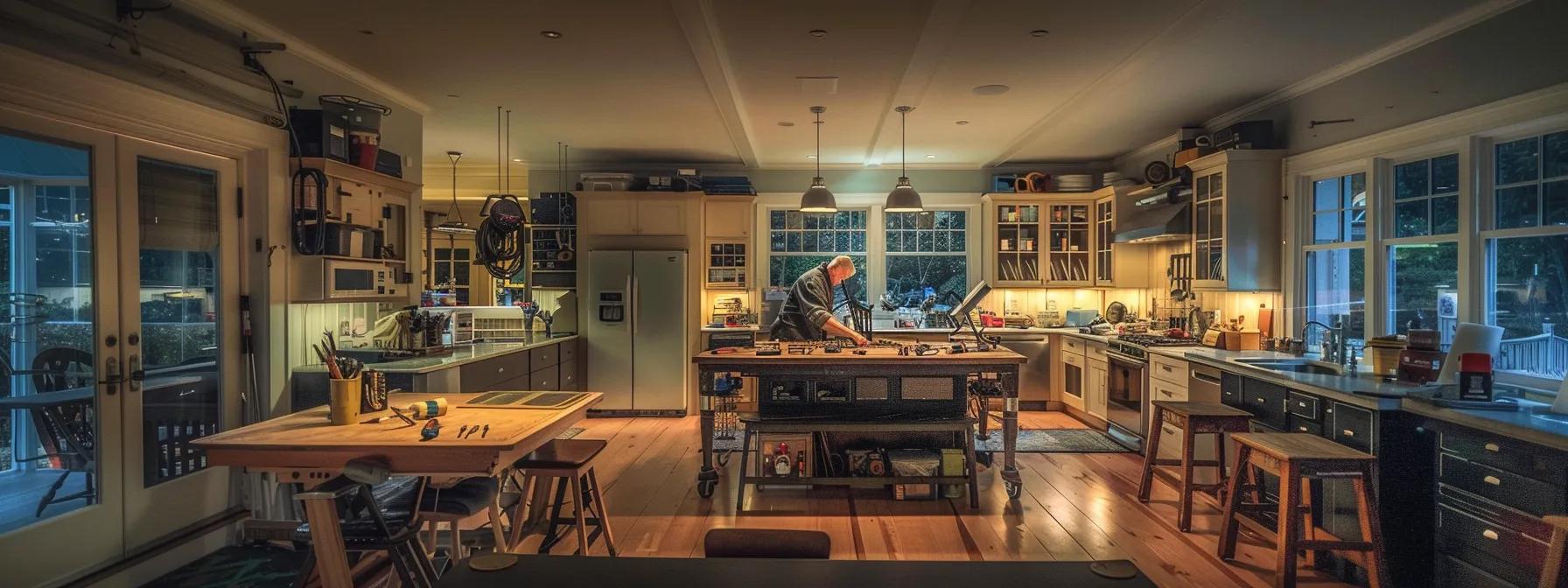 a detailed interior of a cape cod home showcases a licensed electrician expertly inspecting electrical wiring, surrounded by tools and materials that highlight the contrast with a handyman's more general approach, under bright, focused led lighting that emphasizes precision and professionalism. a detailed interior of a cape cod home showcases a licensed electrician expertly inspecting electrical wiring, surrounded by tools and materials that highlight the contrast with a handyman's more general approach, under bright, focused led lighting that emphasizes precision and professionalism.
