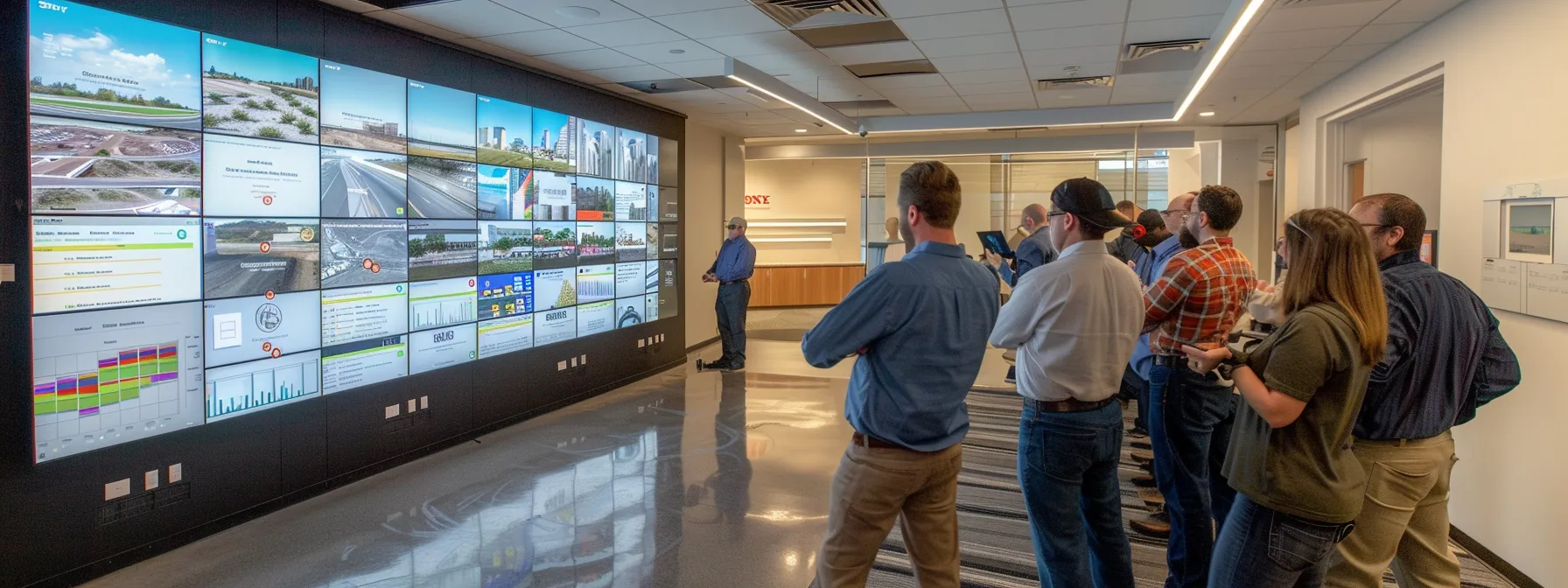a detailed office meeting scene captures professionals reviewing vibrant case study presentations on asphalt resurfacing and replacement, highlighting impactful visuals and meaningful data charts projected on a sleek wall screen, with expressions of engagement and discussion reflecting the project's value and decision-making complexities.
