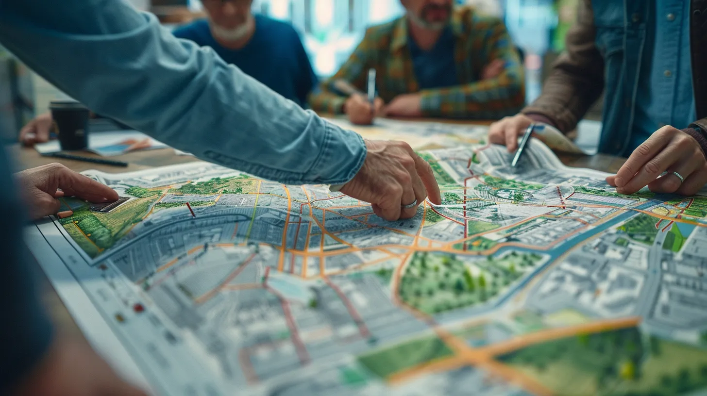 a detailed office space features a focused group of professionals discussing a blueprint for residential demolition, with city maps and essential permits prominently displayed on a sleek conference table.