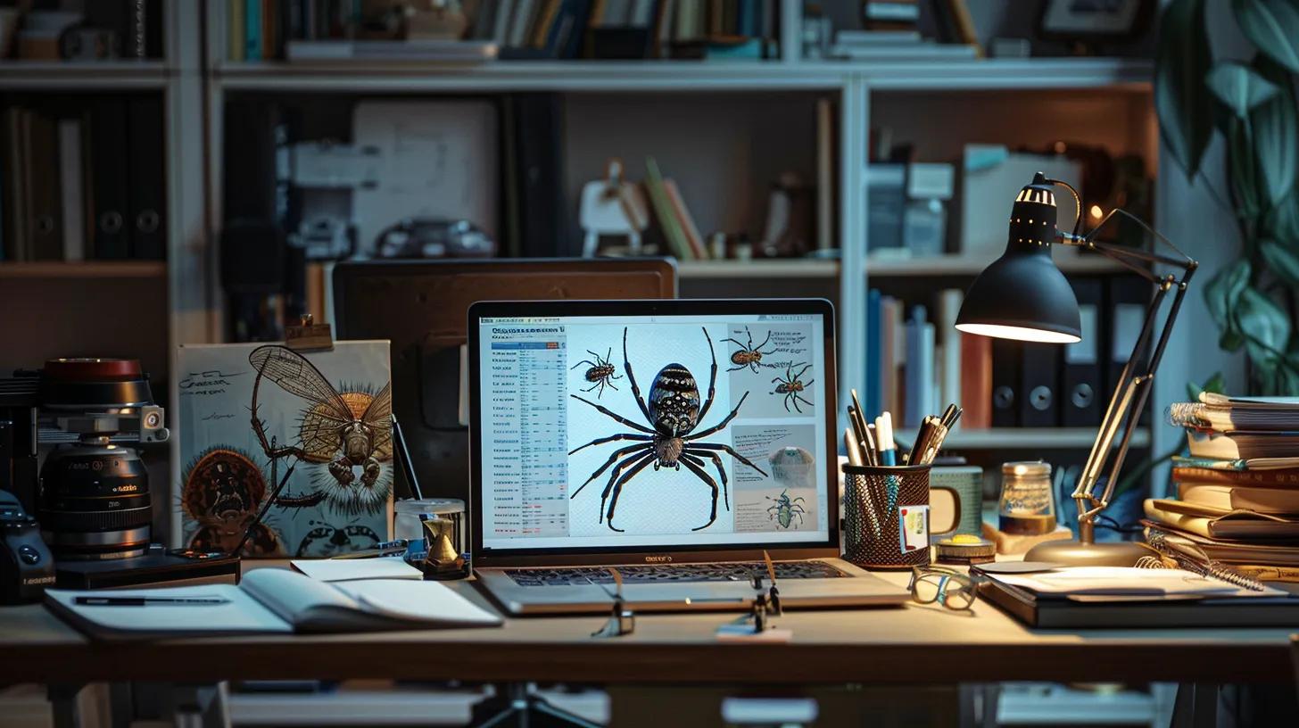 a detailed office workspace features an open laptop displaying a vibrant spider database on the screen, surrounded by well-organized entomology books and a magnifying glass, creating an atmosphere of focused research and exploration. a detailed office workspace features an open laptop displaying a vibrant spider database on the screen, surrounded by well-organized entomology books and a magnifying glass, creating an atmosphere of focused research and exploration.
