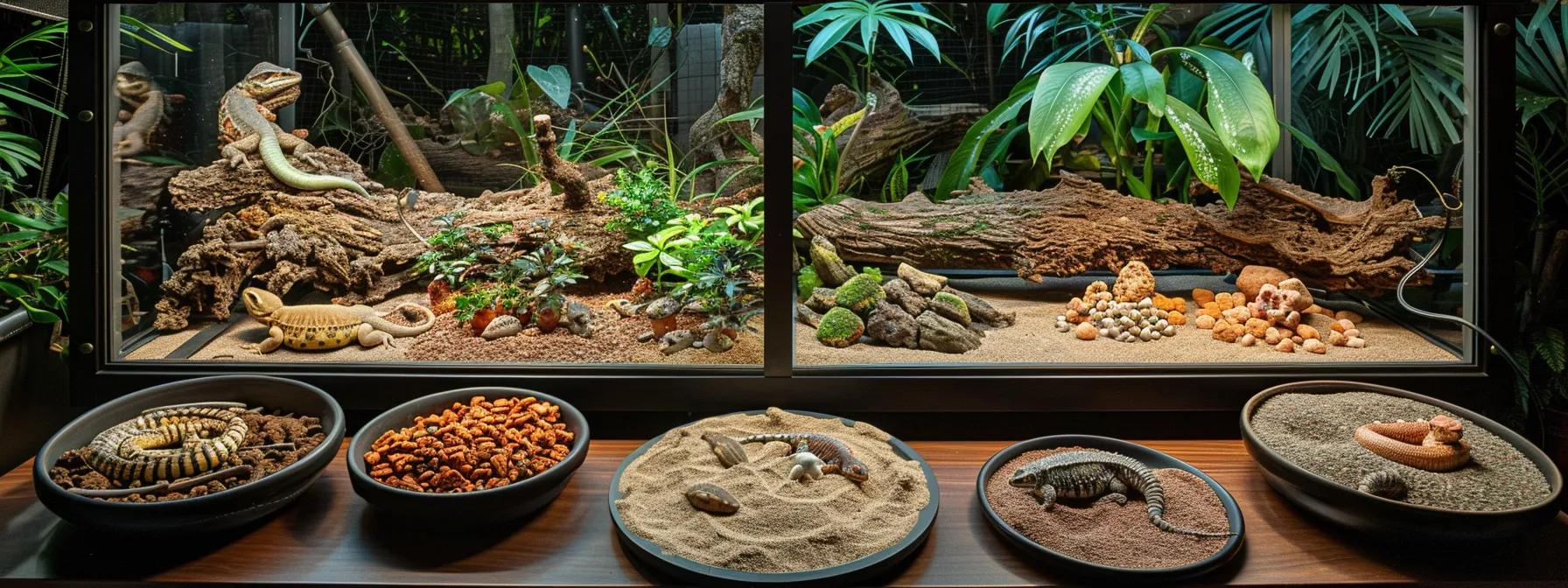 a detailed, organized reptile habitat setup displayed in a modern terrarium, showcasing various substrates like sand, coconut fiber, and clay pellets, with an emphasis on their textures and colors under soft, warm artificial lighting. a detailed, organized reptile habitat setup displayed in a modern terrarium, showcasing various substrates like sand, coconut fiber, and clay pellets, with an emphasis on their textures and colors under soft, warm artificial lighting.
