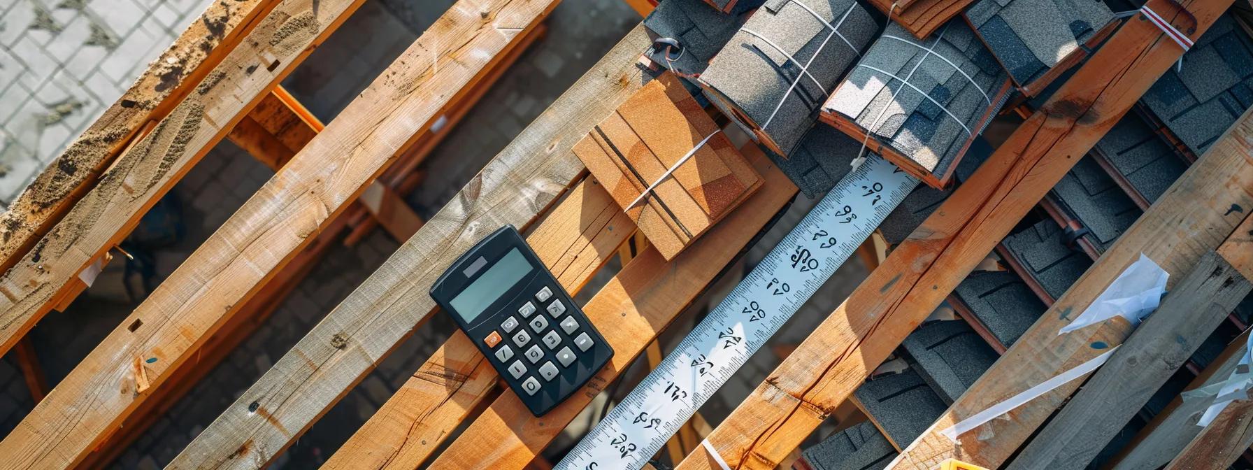 a detailed overhead shot of a construction site featuring neatly stacked bundles of shingles beside a partially completed roof, with measuring tape and a sleek calculator prominently displayed on a wooden workbench to emphasize the calculation of coverage and material needs. a detailed overhead shot of a construction site featuring neatly stacked bundles of shingles beside a partially completed roof, with measuring tape and a sleek calculator prominently displayed on a wooden workbench to emphasize the calculation of coverage and material needs.