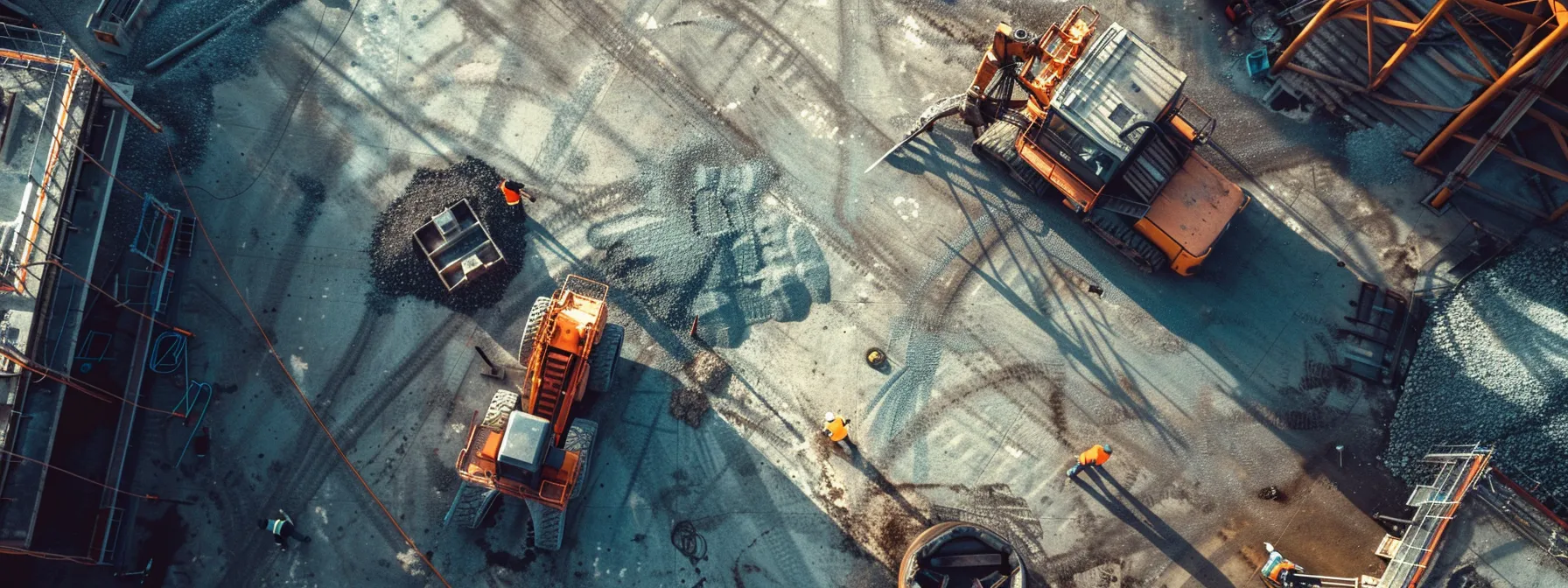 a detailed overhead view of a busy airport construction site, featuring workers analyzing asphalt samples and machinery in action, all under a bright, artificial industrial light that emphasizes the meticulous planning and evaluation of costs in pavement projects.