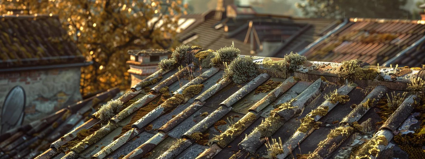 a detailed rooftop scene showcasing problematic patches of moss and algae on shingles, with a focus on the moisture retention issues signified by discoloration and decay, captured in stark, professional lighting to emphasize the urgent need for maintenance and ventilation. a detailed rooftop scene showcasing problematic patches of moss and algae on shingles, with a focus on the moisture retention issues signified by discoloration and decay, captured in stark, professional lighting to emphasize the urgent need for maintenance and ventilation.
