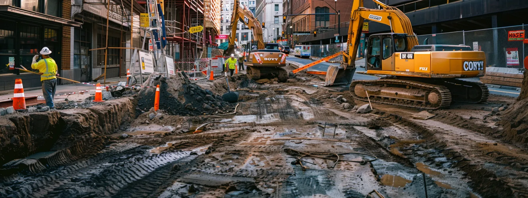 a detailed urban construction site in pittsburgh, featuring workers in safety gear excavating a trench with clear signage displaying regulations and safety guidelines prominently in view.