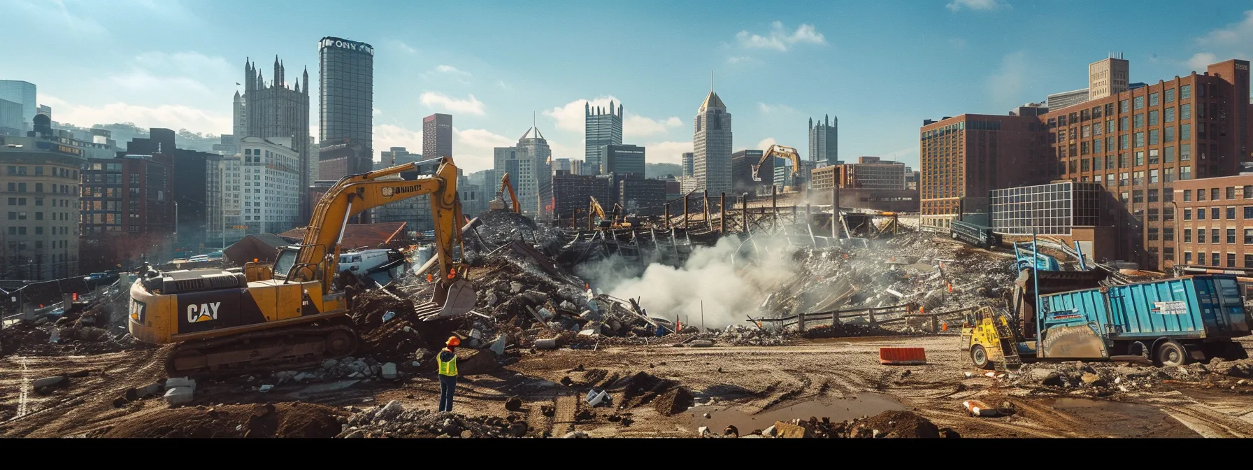 a detailed urban construction site in pittsburgh showcases heavy machinery actively engaged in a controlled demolition, with workers in safety gear coordinating the complex teardown process under a clear blue sky, emphasizing the meticulous nature of urgent teardown services.
