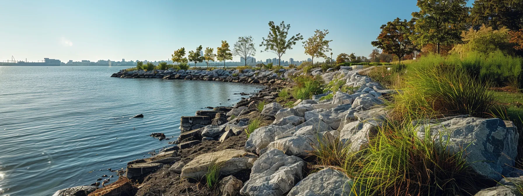 a detailed urban landscape showcases innovative shoreline erosion control techniques, featuring a robust rocky shoreline with engineered structures alongside a well-maintained vegetative buffer, all under a clear blue sky to emphasize effective property protection strategies.
