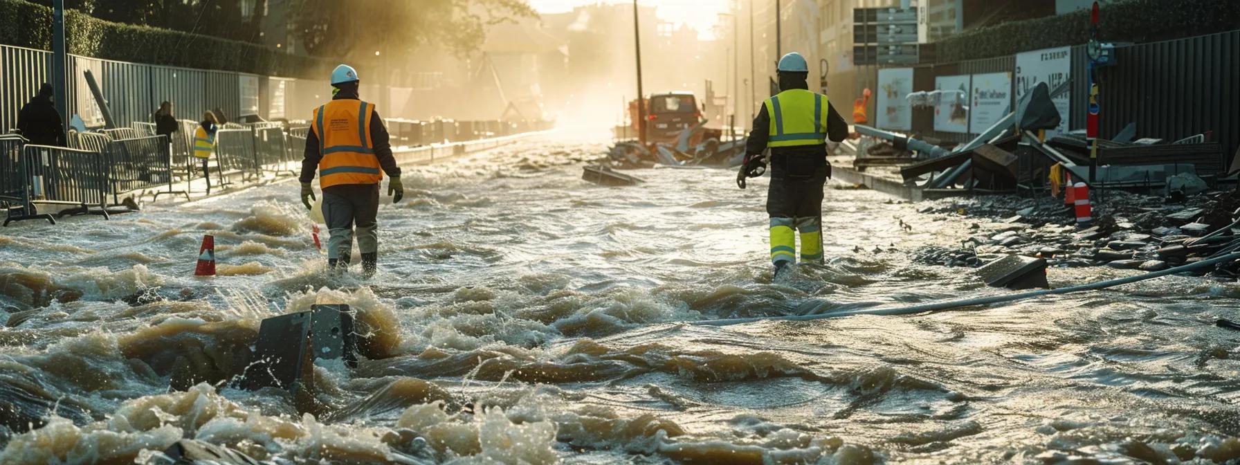 a detailed urban scene captures a team of professionals in high-visibility vests analyzing a river's turbulent waters post-rainfall, surrounded by scattered debris and warning cones indicating new hazards.