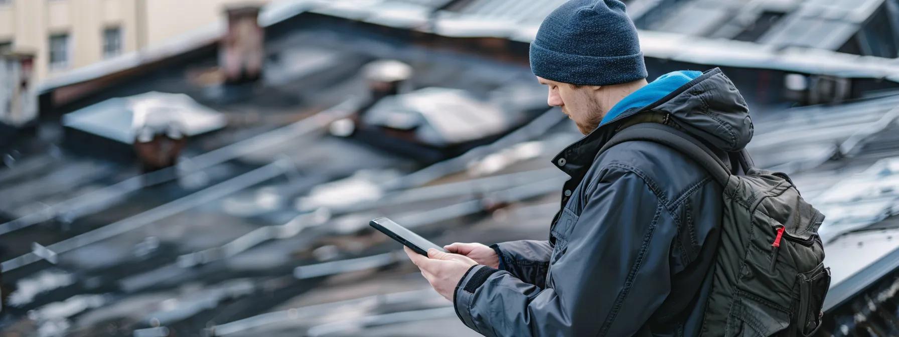 a detailed view of a professional inspector examining a commercial roof with a high-tech tablet, showcasing visible wear and potential issues under bright artificial lighting in an urban office setting. a detailed view of a professional inspector examining a commercial roof with a high-tech tablet, showcasing visible wear and potential issues under bright artificial lighting in an urban office setting.