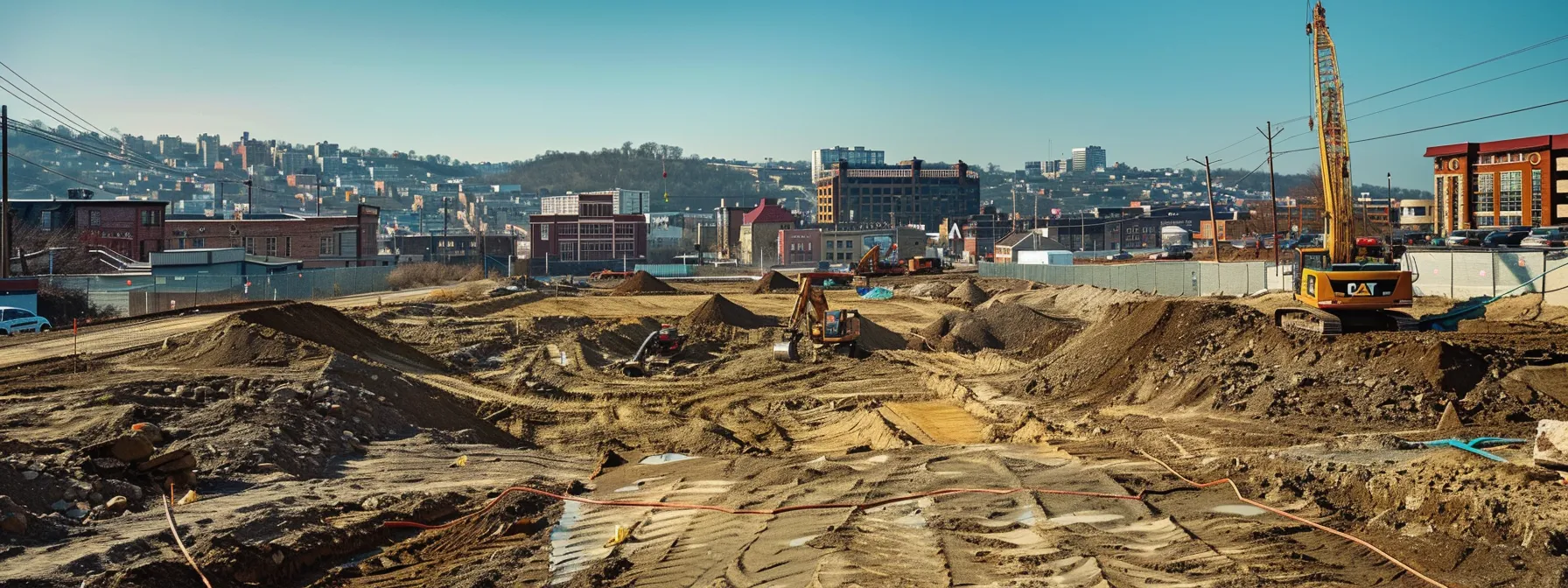 a detailed view of a construction site in pittsburgh showcasing heavy machinery meticulously excavating a foundation, surrounded by marked utility lines and organized piles of earth, set against a backdrop of urban buildings and clear blue skies.