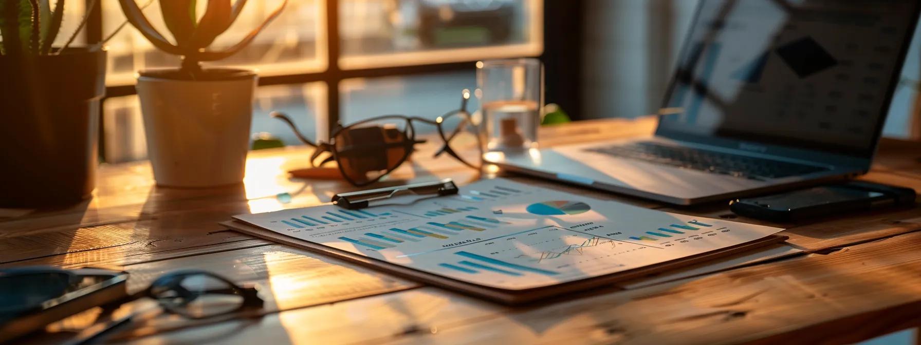 a detailed view of a clipboard filled with colorful graphs and charts, showcasing project budgets and cost analyses, placed on a sleek office desk bathed in warm, natural light, emphasizing the importance of financial planning in commercial paving projects.