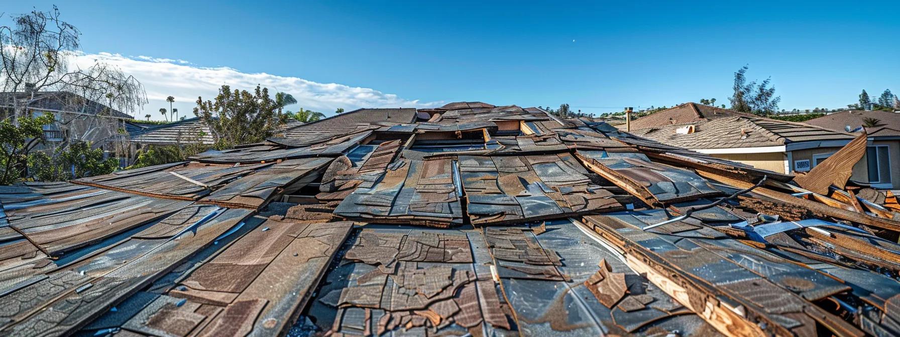 a detailed view of a residential roof in irvine shows several missing and damaged shingles amidst a clear blue sky, highlighting the aftermath of a storm, with a focus on the necessity for careful inspection and documentation of potential leaks. a detailed view of a residential roof in irvine shows several missing and damaged shingles amidst a clear blue sky, highlighting the aftermath of a storm, with a focus on the necessity for careful inspection and documentation of potential leaks.