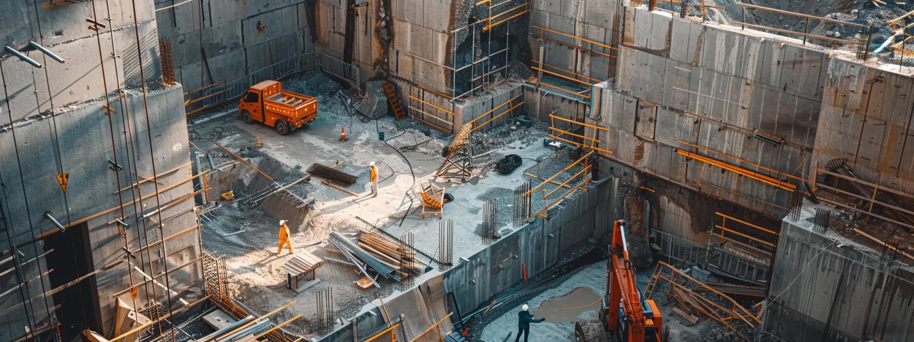 a detailed view of a modern construction site showcasing various retaining wall techniques, including tiered stone walls and concrete structures, with workers collaborating around heavy machinery under bright industrial lighting, emphasizing the complexities of construction and engineering accuracy.