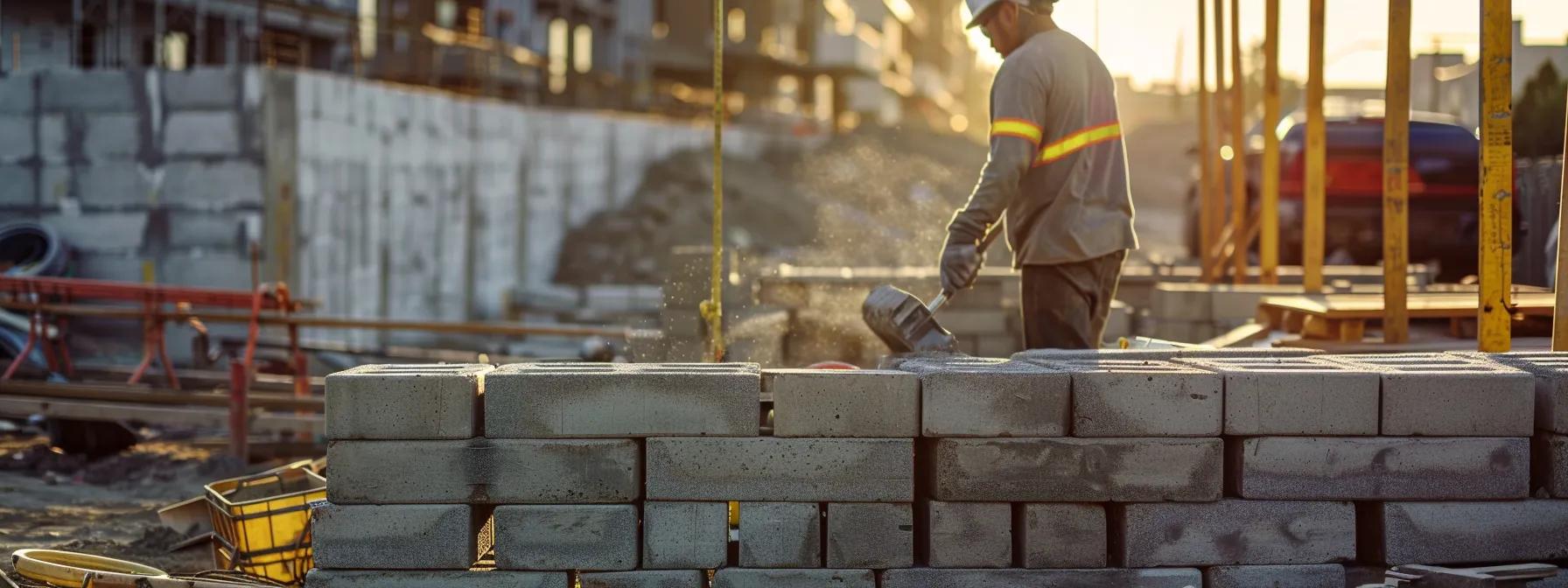 a detailed view of a skilled worker meticulously positioning large, textured retaining wall blocks in an urban construction site, surrounded by tools and equipment, emphasizing the precision required for installation.