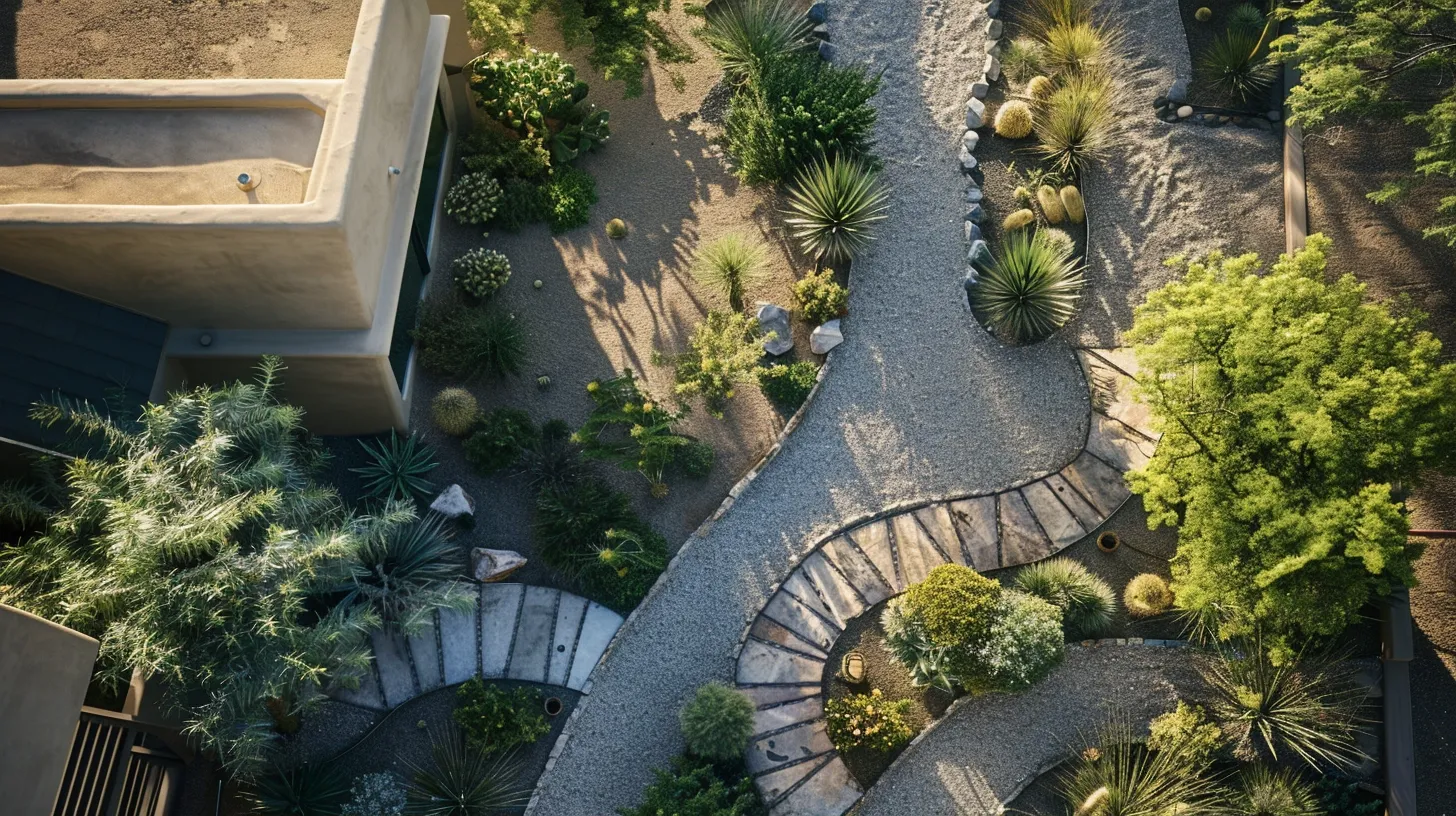 a detailed view of a beautifully landscaped arizona backyard, showcasing a variety of materials like stone pathways, vibrant desert plants, and elegant outdoor features, set against the backdrop of a modern stucco home that highlights both luxury and meticulous design. a detailed view of a beautifully landscaped arizona backyard, showcasing a variety of materials like stone pathways, vibrant desert plants, and elegant outdoor features, set against the backdrop of a modern stucco home that highlights both luxury and meticulous design.