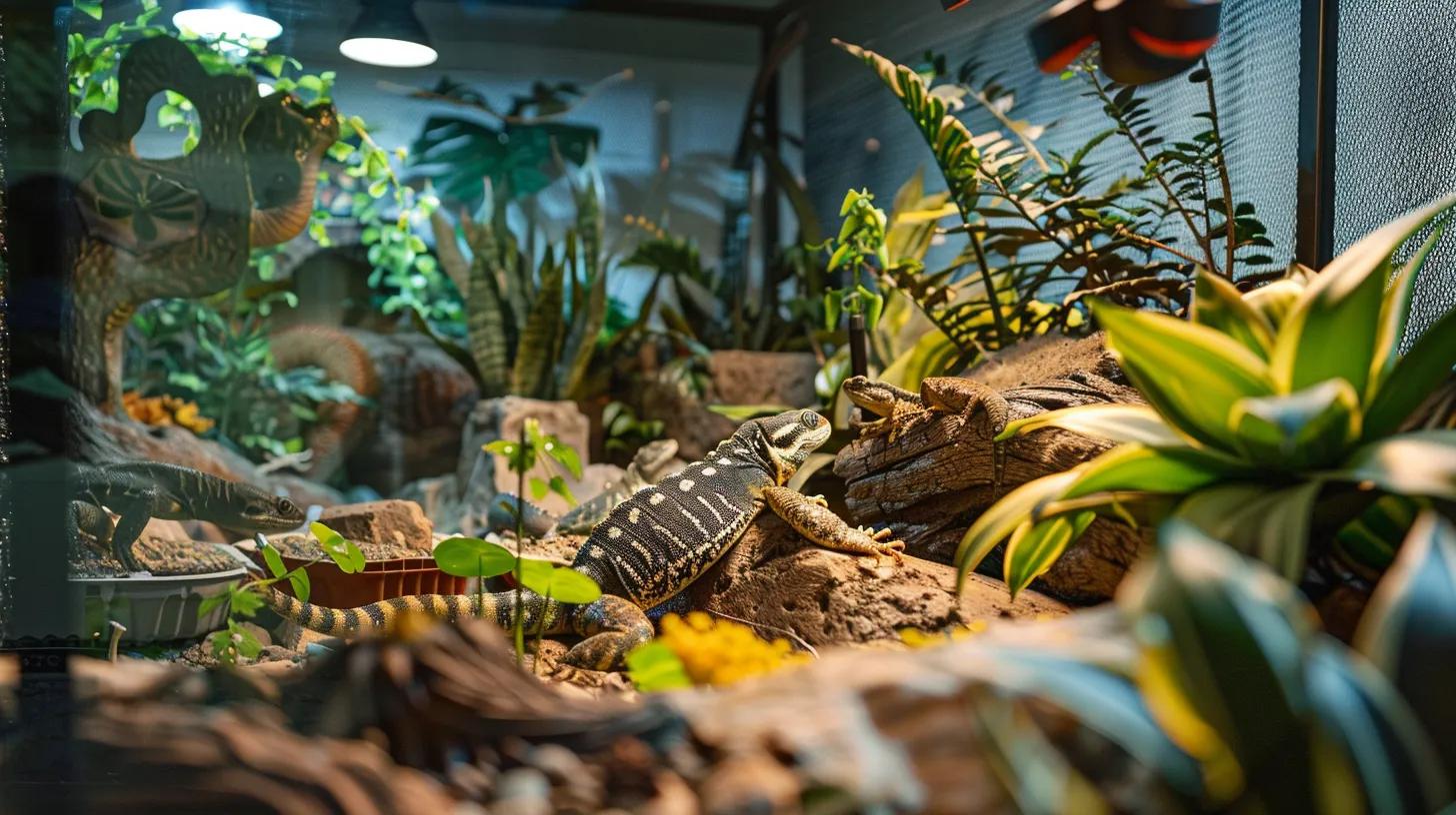 a detailed view of a well-maintained reptile enclosure inside a modern veterinary clinic, showcasing a vibrant array of reptiles basking under uvb lighting with clear signs of healthy conditions, emphasizing preventative care and proper husbandry practices.