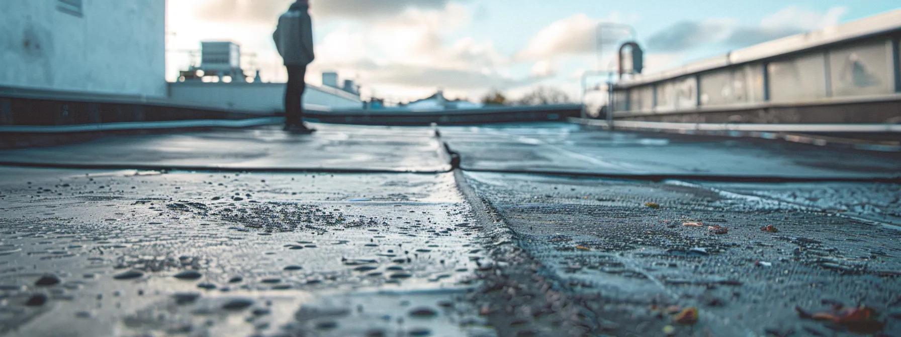 a detailed view of a commercial building's flat roof, showcasing visible damage with curled shingles and cracked flashing, alongside an inspector using thermal imaging equipment to identify hidden insulation gaps, under a cloudy urban sky. a detailed view of a commercial building's flat roof, showcasing visible damage with curled shingles and cracked flashing, alongside an inspector using thermal imaging equipment to identify hidden insulation gaps, under a cloudy urban sky.