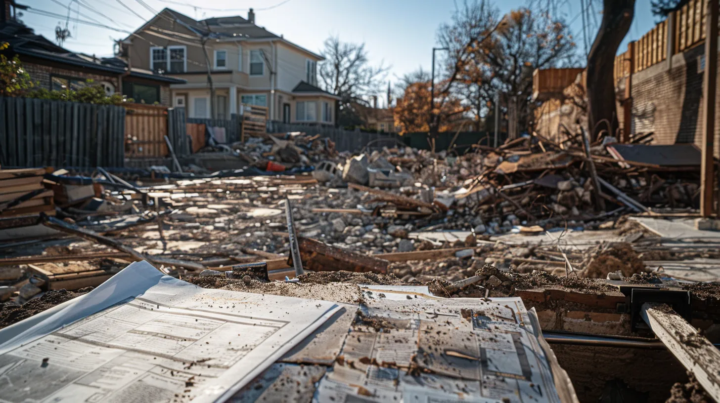a detailed view of a cleared residential demolition site in an urban setting, showcasing exposed foundation and debris remnants, with construction planning documents scattered on a table nearby, symbolizing the transition to future building projects.