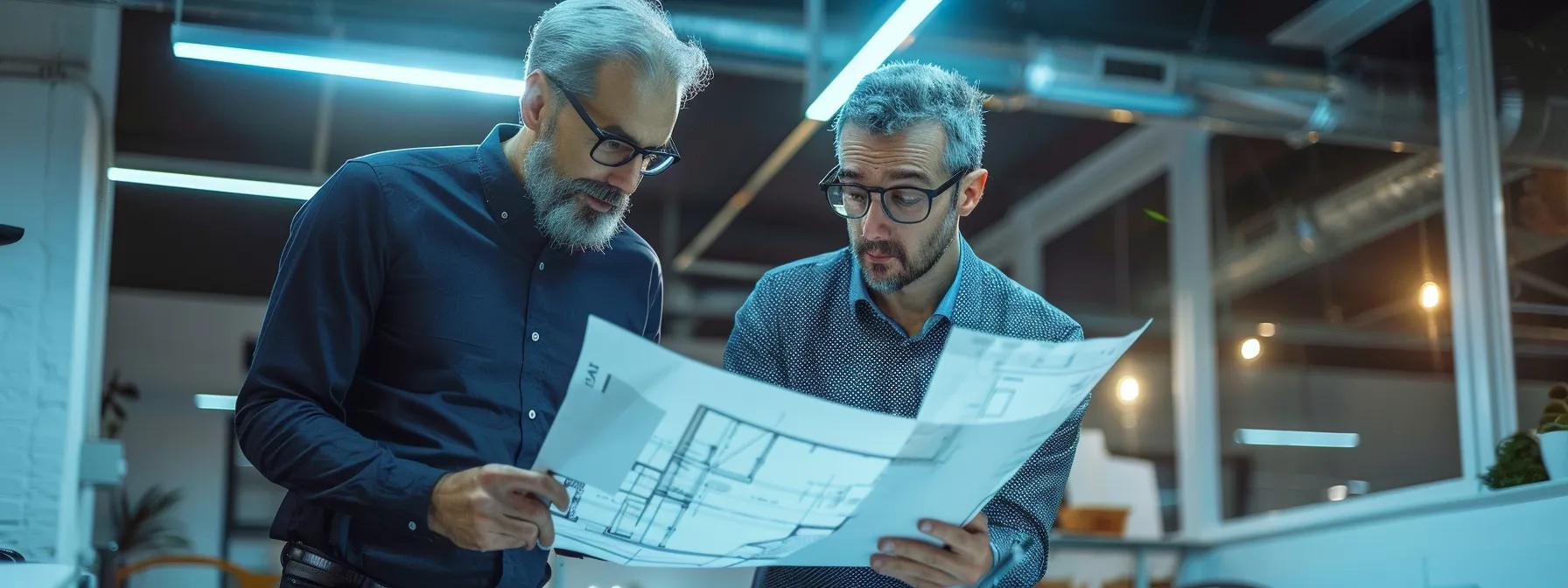 a detailed view of an architect and a builder examining blueprints in a modern office space, illuminated by bright overhead lighting, emphasizing the collaborative and meticulous nature of the custom home building process. a detailed view of an architect and a builder examining blueprints in a modern office space, illuminated by bright overhead lighting, emphasizing the collaborative and meticulous nature of the custom home building process.