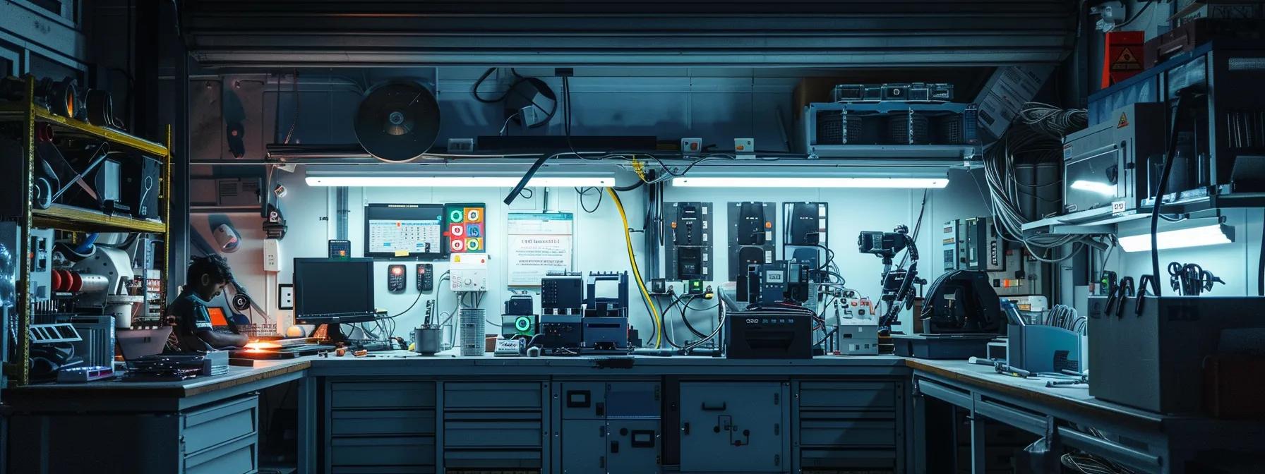 a detailed, well-lit workshop interior showcasing advanced sheet metal fabrication equipment in action, with engineers meticulously examining the quality of metal components amid a backdrop of organized tools and machinery.