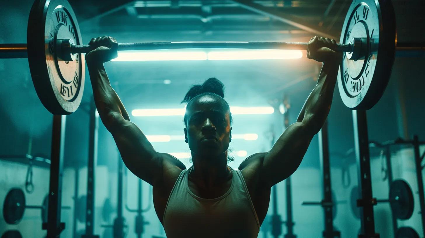 a determined crossfit beginner focuses on perfecting their form while performing a complex movement in a dynamic gym setting, illuminated by vibrant overhead lights that showcase the intensity of their training. a determined crossfit beginner focuses on perfecting their form while performing a complex movement in a dynamic gym setting, illuminated by vibrant overhead lights that showcase the intensity of their training.