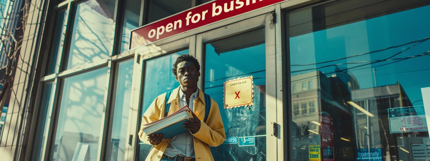 a determined entrepreneur stands confidently in front of a government office, holding a stack of documents, while a bright red a determined entrepreneur stands confidently in front of a government office, holding a stack of documents, while a bright red